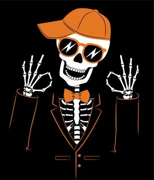 Skeleton hipster in jacket and cap. Halloween print for kids boys t shirt. Ve Stock Illustration