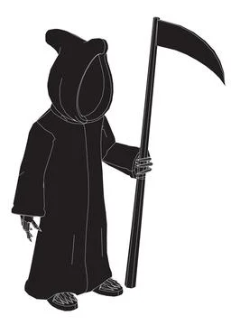 Skeleton is holding a long, curved staff. The skeleton is dressed in black and Stock Illustration