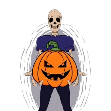 Skeleton holds Halloween pumpkin vector art isolated on white background. Hal Stock Illustration