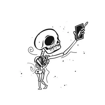 Skeleton holds mobile vector illustration design. Stock Illustration