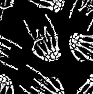 Skeleton of a human hand making rock sign seamless pattern on black background Stock Illustration