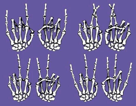 Skeleton of a human hand making rock sign, peace sign gesture Illustrazione stock