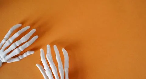 Skeleton of human hands on an orange background, top view, copy space. Halloween Stock Photos