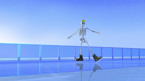 Skeleton Ice Skating in Light Snow on Ice Skate Rink - 3D Illustration Stock Footage 143433612