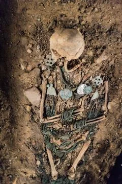 Skeleton inside medieval grave Stock Photos