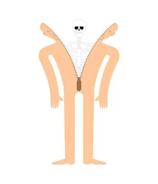 Skeleton inside person. Skeleton climbs out of man. Skin anatomical human sui Stock Illustration