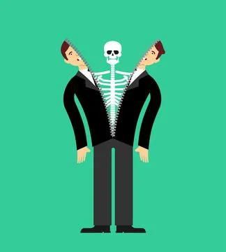 Skeleton inside person. Skeleton climbs out of man. Skin anatomical human sui Stock Illustration