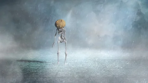 Skeleton with Jack O Lantern Head Walk in Storm 4K Loop Stock Footage 252040445