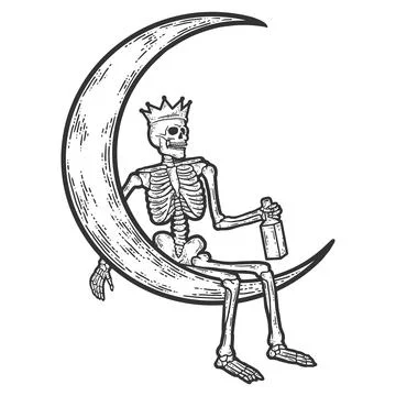 Skeleton of king with bottle of rum is rolling on moon. Sketch scratch board Stock Illustration