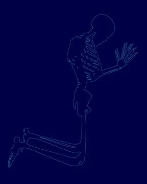 Skeleton is kneeling down and praying. The skeleton is in a blue background. Illustrazione stock