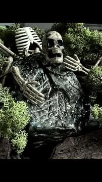 Skeleton lies on forest floor surrounded by moss and rocks as eerie atmosphere Stock Photos