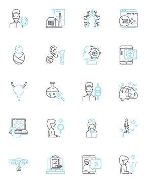 Skeleton linear icons set. Bs, Anatomy, Skeletal, Joints, Skull, Ribcage, Spine Stock Illustration