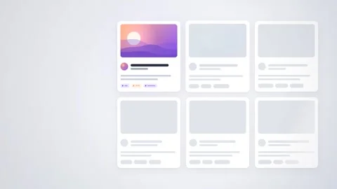 Skeleton Loading Screen Cards Shimmer and Resolve into Content Animation Stockbeeldmateriaal 347567549