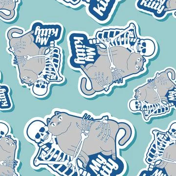Skeleton love cat pattern seamless. Skeleton hugging cat background. My favor Illustrazione stock