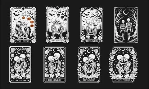 Skeleton Lovers Tarot Card with Moon, Bats, and Haunted Houses in Black and.. Stock Illustration