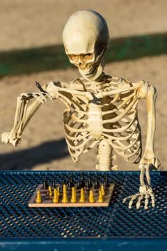 Skeleton makes a move with his king on the chess board Stock Photos