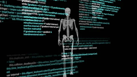 Skeleton with medical data and coding animation over black background Stock Footage 306636681