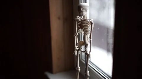 Skeleton model is standing on a windowsill Stock Footage 62326634