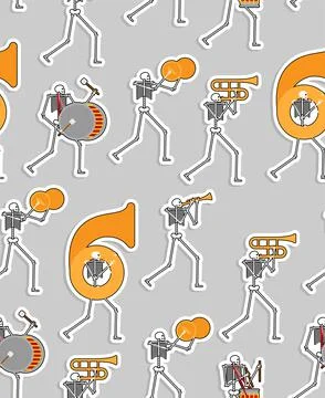 Skeleton music band pattern seamless. Skeletons musicians orchestra backgroun Stock Illustration