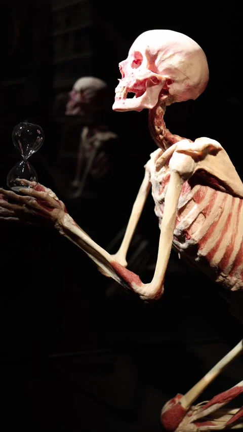 Skeleton observing hourglass time passing concept Stock Footage 331233107