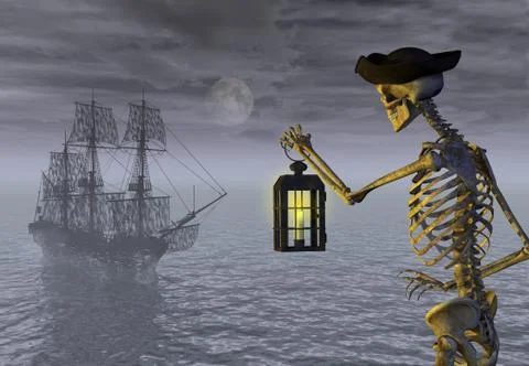Skeleton Pirate with Ghost Ship Stock Illustration