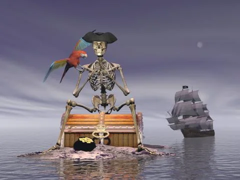 Skeleton pirate treasure - 3D render Stock Illustration
