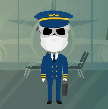 Skeleton plane pilot with virus mask and white gloves in airport suitcase hat Stock Illustration
