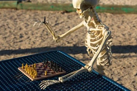 Skeleton playing chess in a park Stock Photos