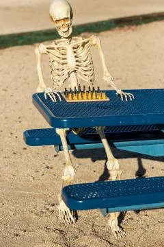 Skeleton playing chess in a park Stock Photos