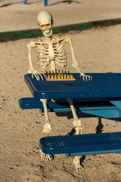 Skeleton playing chess in a park Stock Photos