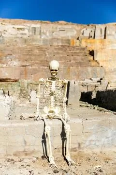 Skeleton posing in mining ruins in the desert on a hot day Foto stock