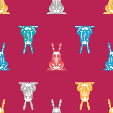Skeleton Rabbit pixel art pattern seamless. 8 bit Skull hare background. pixe Stock Illustration