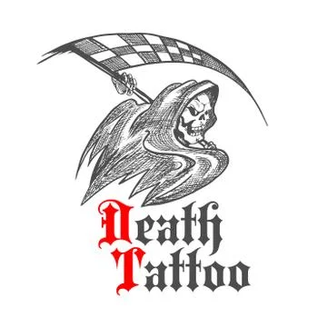 Skeleton with racing flag for tattoo design Stock Illustration