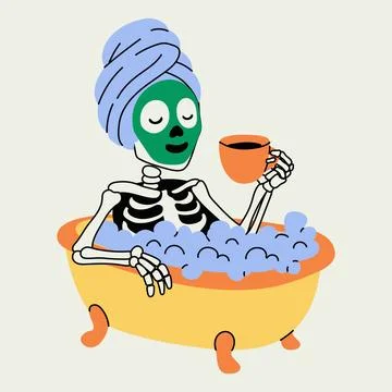 Skeleton relaxes in a bubble bath while enjoying a cup of coffee Stock Illustration