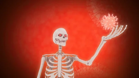 Skeleton representing the danger of death, raises the dangerous corona virus Video stock 125794235
