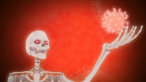 Skeleton representing the danger of death, raises the dangerous corona virus Stock Footage 125794889