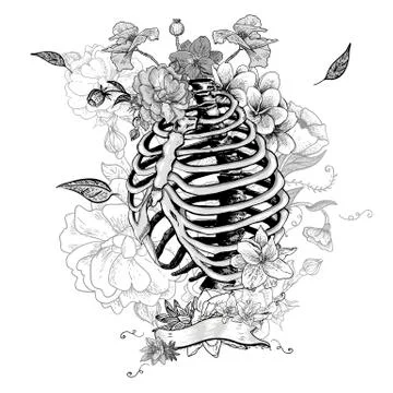 Skeleton Ribs and Flowers, Vector illustration Stock Illustration