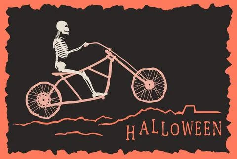 The skeleton rides by motorcycle frame on bad road to the Halloween. Stock Illustration