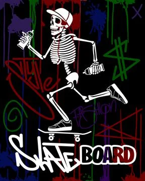 Skeleton rides a skateboard Illustrazione stock