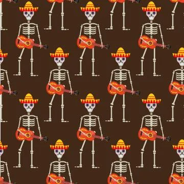 Skeleton in sambrero guitar seamless pattern. Skull Mexican repeating texture Stock Illustration
