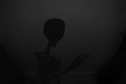 Skeleton shadow on ceiling at night in apartment close up, skeleton shadow Stock Photos