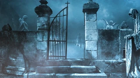 Skeleton Shadow Passing by Cemetery Gate 4K Loop Stock Footage 168193115