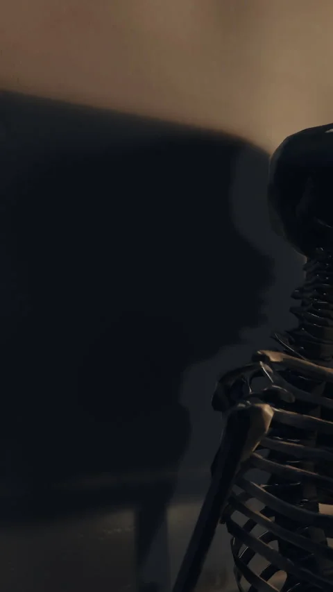 Skeleton shadow on wall during night in dark room with soft light source Stock Footage 339396622