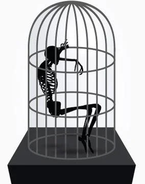 Skeleton silhouette in sitting in cage Stock Illustration