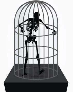Skeleton silhouette in standing in cage Stock Illustration