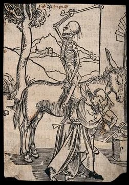 A skeleton sits backwards on a horse waiting for a blacksmith, dressed as a.. Stock Illustration