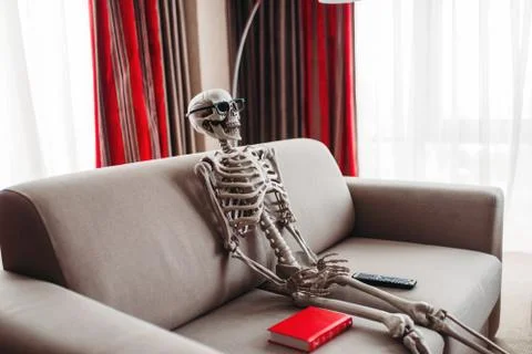 Skeleton sitting between book and remote control Stock Photos