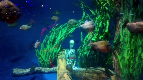 Skeleton is sitting on a log in a fish tank with  fish swimming around it Video stock 317308958