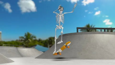 Skeleton on Skateboard Doing Tricks at Skate Park - 3D Illustration Stock Footage 143247178
