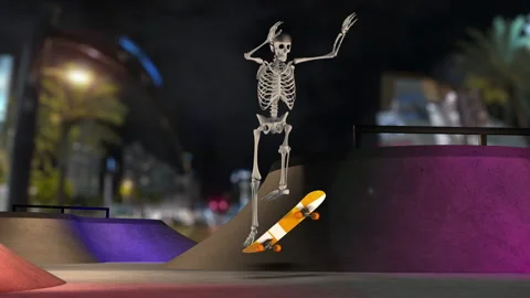 Skeleton on Skateboard Doing Tricks at Skate Park at Night - 3D Illustration Stock Footage 143310111